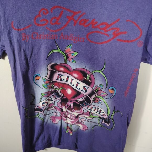 Ed Hardy Love Kills Slowly Men’s Small Purple Graphic Tee Y2K Tattoo Skull 2000s - Picture 2 of 8